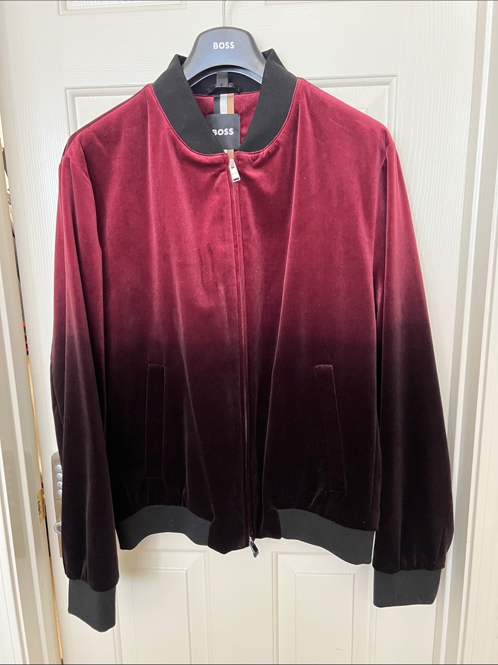 BOSS Men’s Deep Burgundy Velvet Bomber Jacket with Black Trim